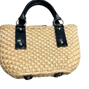 Loft Tan Woven Handbag with Navy Patent Leather Accents